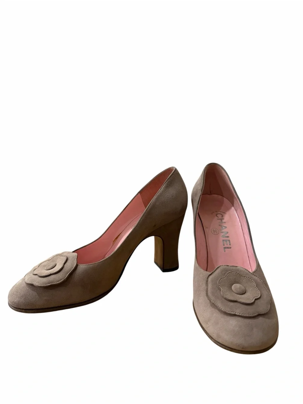 CHANEL Vintage Taupe Beige Suede Flower Pumps Heels Size 36 Made in France